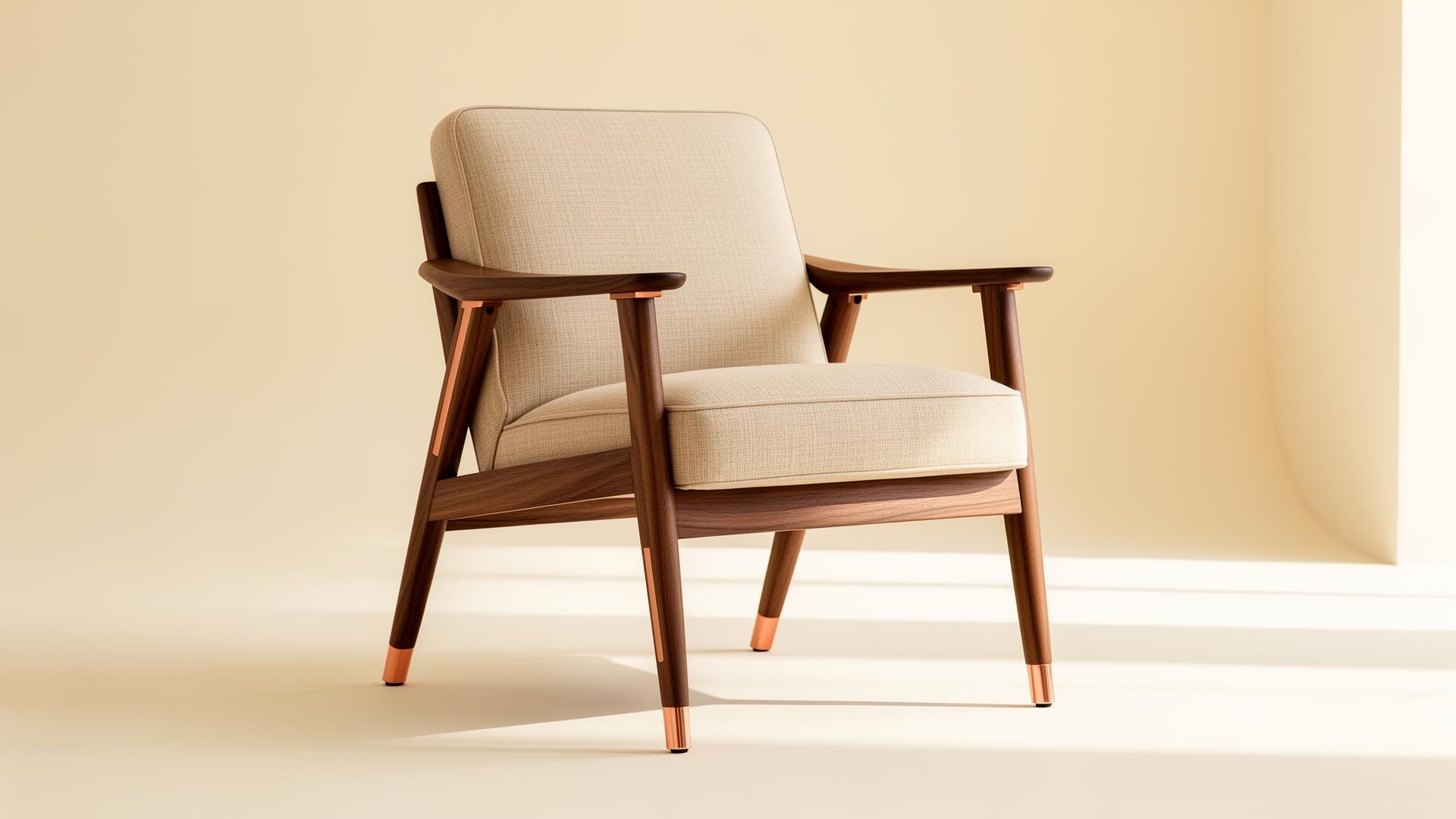 Mid-century modern walnut chair with beige upholstery and copper accents
