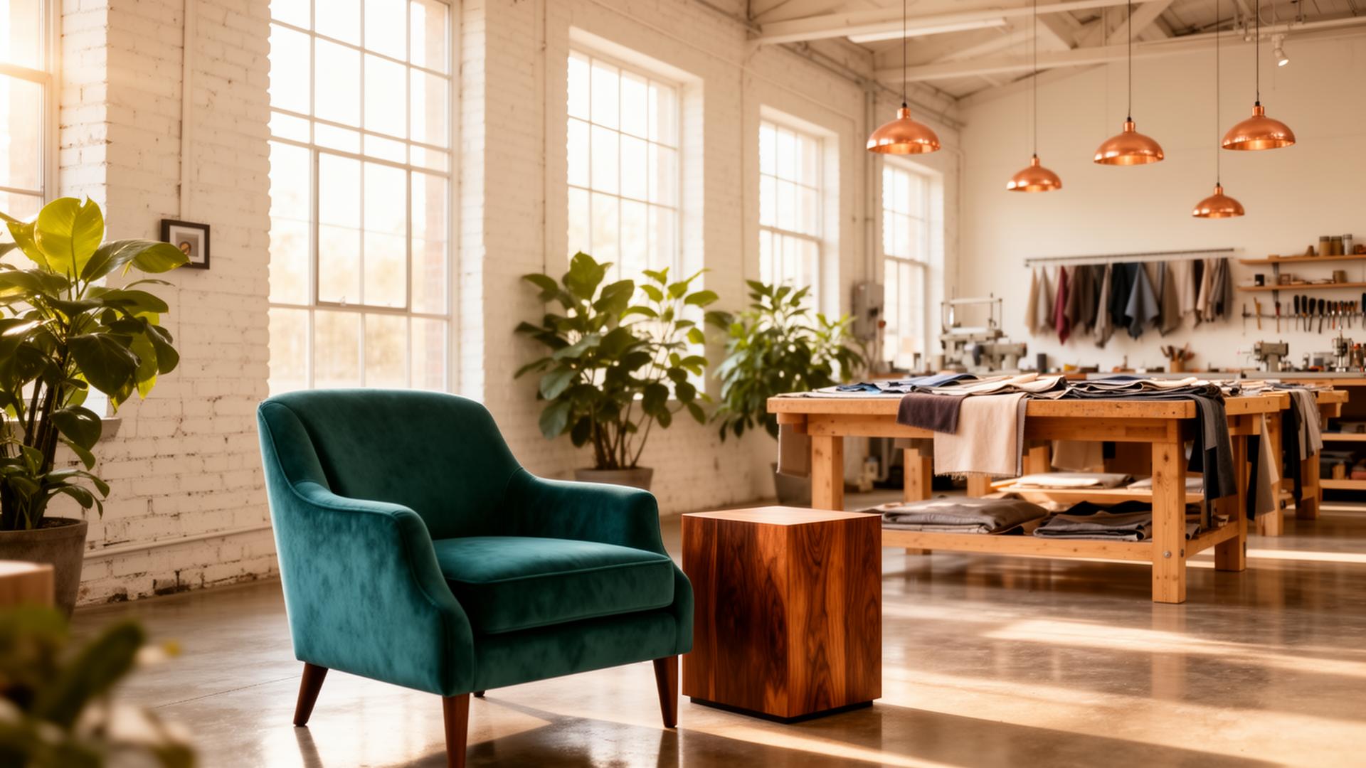Bright, airy luxury furniture workshop with teal velvet chair and warm walnut details